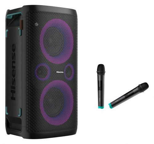 Hisense Party Rocker One Plus hordozható Bluetooth hangszóró mikrofonnal,300W, QI töltő, fekete