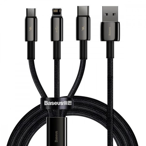 Baseus CAMLTWJ-01 Tungsten Gold 3 az 1-ben USB-kábel, USB-mikro-USB / USB-C / Lightning, 3,5 A, 1,5 méter, fekete