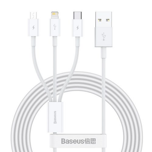 Baseus CAMLTYS-02 Superior Series 3 az 1-ben USB-kábel, USB-mikro-USB / USB-C / Lightning, 3,5 A, 1,2 méter, fehér