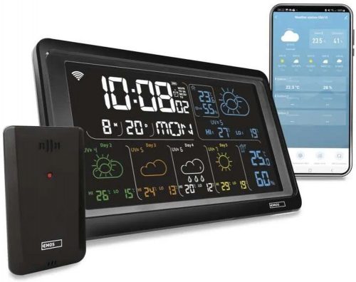 Emos E8610 GoSmart okos időjárás állomás, vezeték nélküli érzékelő, naptár, színes LCD, ébresztő, szundi, Wi-Fi