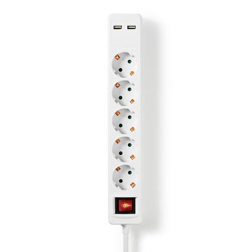 Nedis EXSO515UFSWT hálózati elosztó, kapcsolható, 5aljzat, 2USB, 1.5m, 3x1.5mm2 kábel, 3680Watt, 16A, fehér