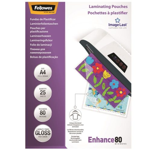 Fellowes A4 80 mikron, 25 db/csomag fényes lamináló fólia 