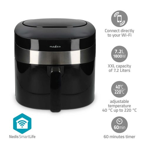 Nedis KAAF180BKW SmartLife forró levegős sütő, 7,2liter, 1800W, 40 - 200 °C, 8 program, Wi-Fi, fekete