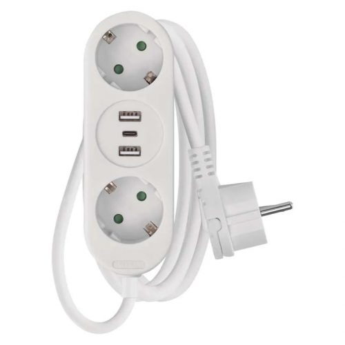 Emos P0221U hálózati elosztó, 2 aljzat, 2 USB-A, USB-C 1,5méter, 3x1,5mm2, 250V, 16A