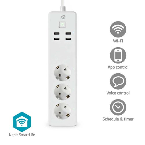 Nedis WIFIP312FWT SmartLife hálózati elosztó, 3aljzat, 4USB, 1.8m, 3680Watt, 16A, Wi-Fi, fehér