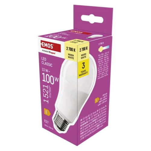 Emos ZQ5E61 Classic, E27, A60, 13W/100W, 1521lumen, meleg fehér, LED izzó